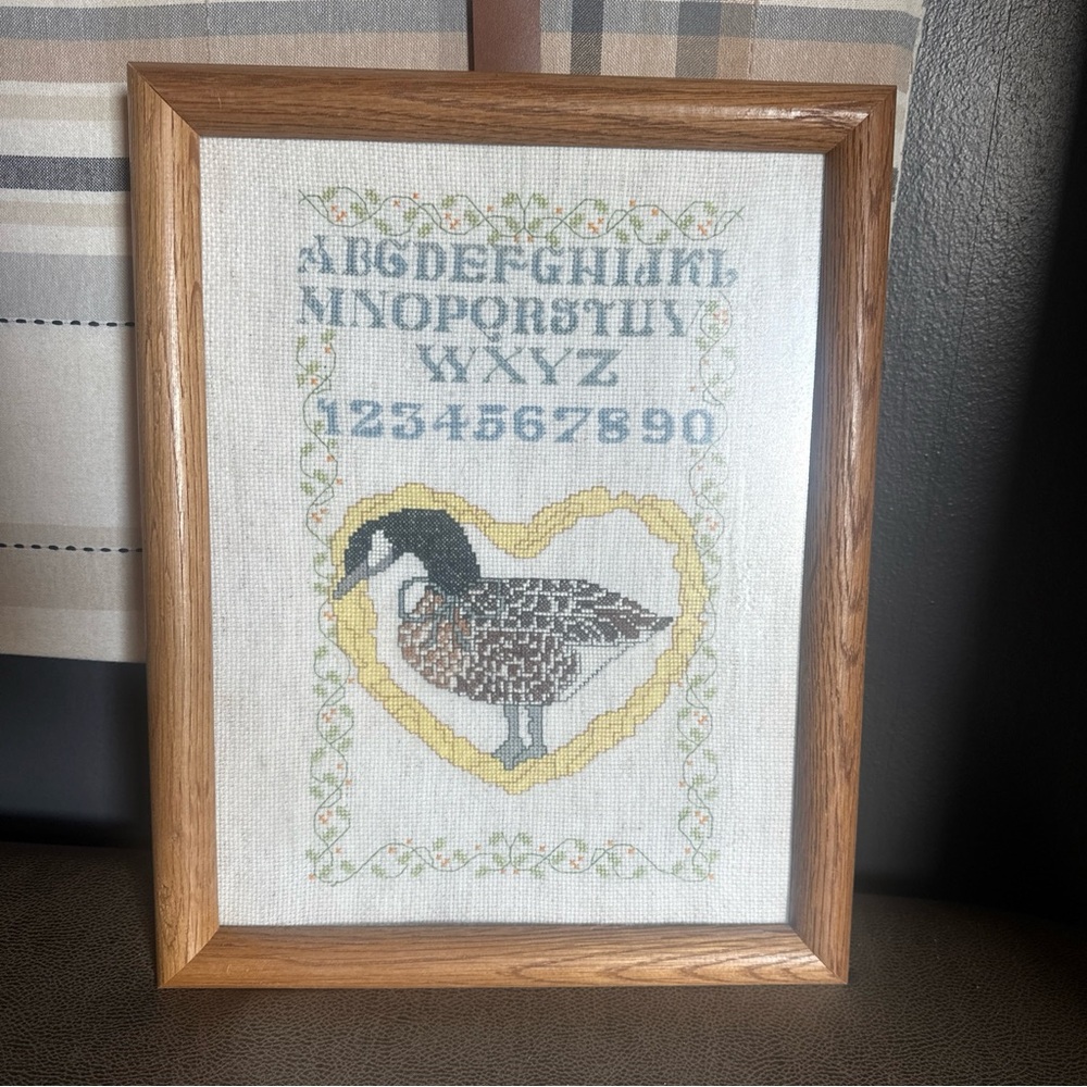 Vintage cross-stitch framed picture goose alphabet/numbers decor/ nursery bow